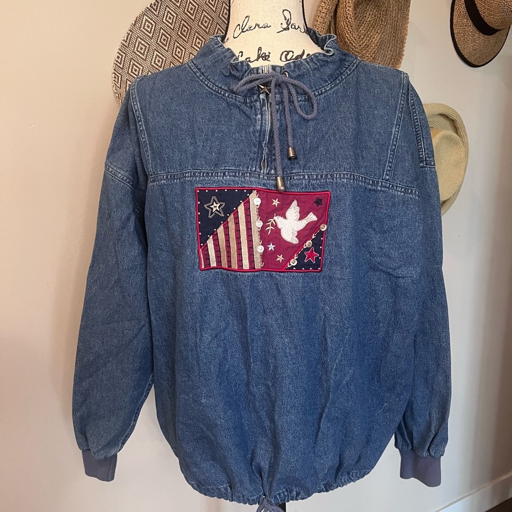 Vintage Christopher & Banks Blue Denim Pullover with Patchwork Accents
